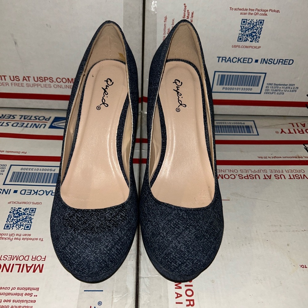 Qupid Dark Denim Wedge Heels